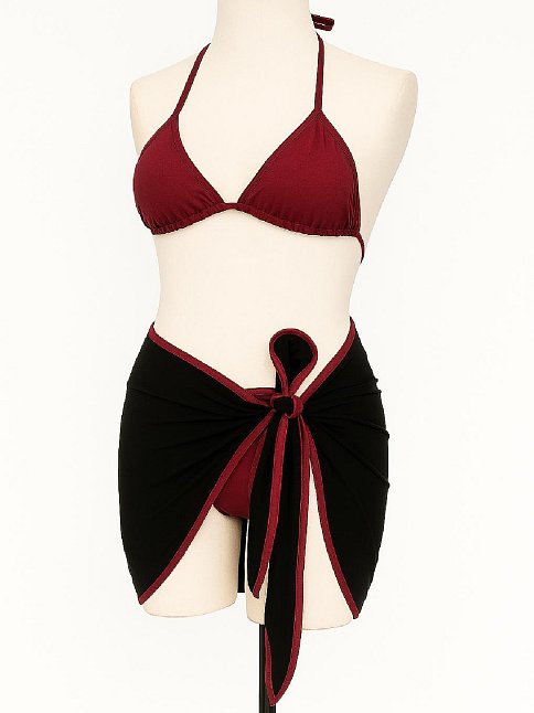Kadın Bordo Siyah Pareolu Yandan Ve Boyundan Bağlamalı 3'lü Bikini Takımı – Modern, Konforlu Ve Günlük Kombinlere Uygun