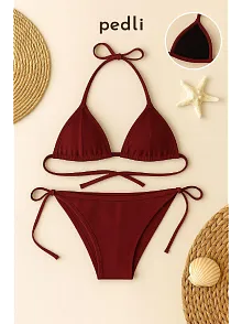 Kadın Bordo Yandan Ve Boyundan Bağlamalı Bikini Mayo Takımı