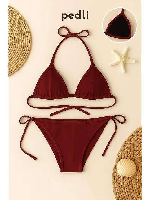 Kadın Bordo Yandan Ve Boyundan Bağlamalı Bikini Mayo Takımı
