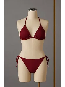 Kadın Bordo Yandan Ve Boyundan Bağlamalı Bikini Mayo Takımı