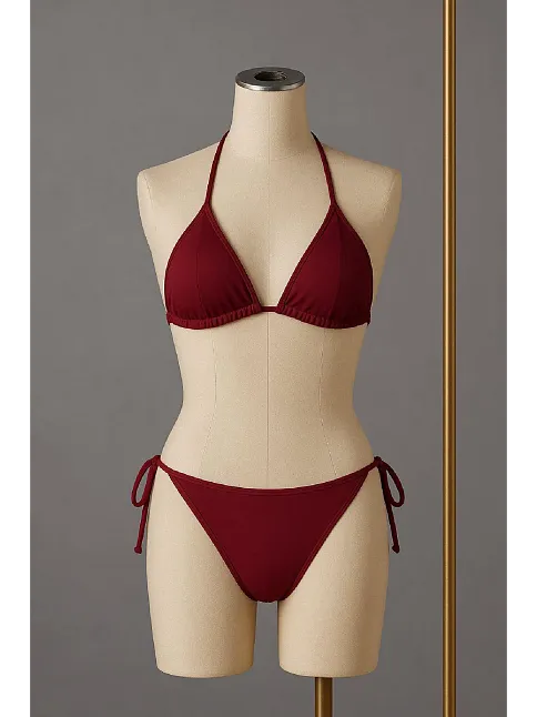 Kadın Bordo Yandan Ve Boyundan Bağlamalı Bikini Mayo Takımı