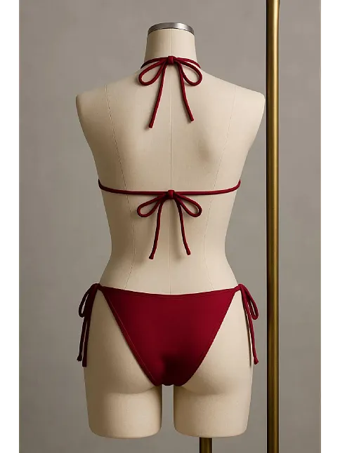Kadın Bordo Yandan Ve Boyundan Bağlamalı Bikini Mayo Takımı