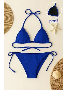 Kadın Mavi Yandan Ve Boyundan Bağlamalı Bikini Mayo Takımı