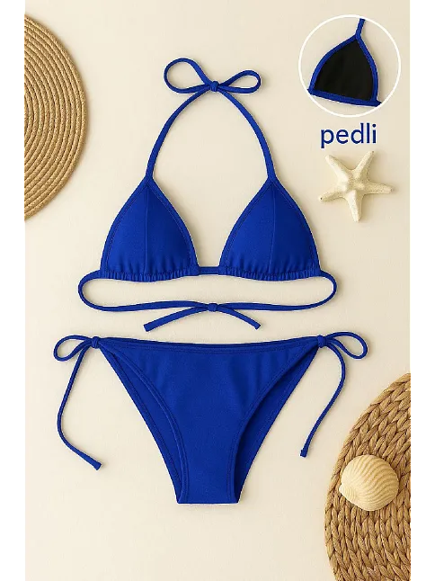 Kadın Mavi Yandan Ve Boyundan Bağlamalı Bikini Mayo Takımı