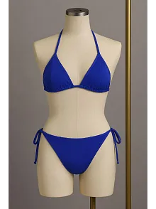 Kadın Mavi Yandan Ve Boyundan Bağlamalı Bikini Mayo Takımı