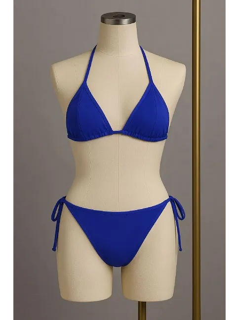 Kadın Mavi Yandan Ve Boyundan Bağlamalı Bikini Mayo Takımı