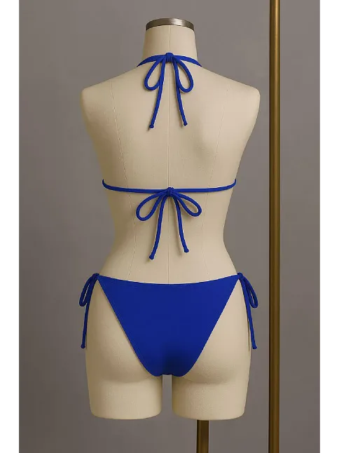 Kadın Mavi Yandan Ve Boyundan Bağlamalı Bikini Mayo Takımı