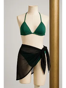 Kadın Yeşil Siyah Pareolu Yandan Ve Boyundan Bağlamalı 3'lü Bikini Takımı – Modern, Konforlu Ve Günlük Kombinlere Uygun
