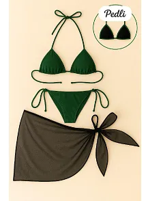 Kadın Yeşil Siyah Pareolu Yandan Ve Boyundan Bağlamalı 3'lü Bikini Takımı – Modern, Konforlu Ve Günlük Kombinlere Uygun