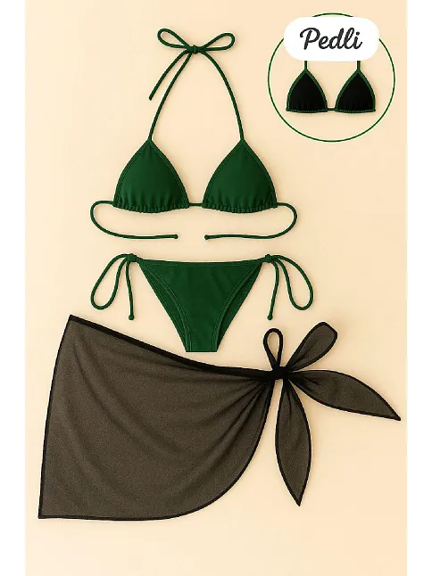 Kadın Yeşil Siyah Pareolu Yandan Ve Boyundan Bağlamalı 3'lü Bikini Takımı – Modern, Konforlu Ve Günlük Kombinlere Uygun