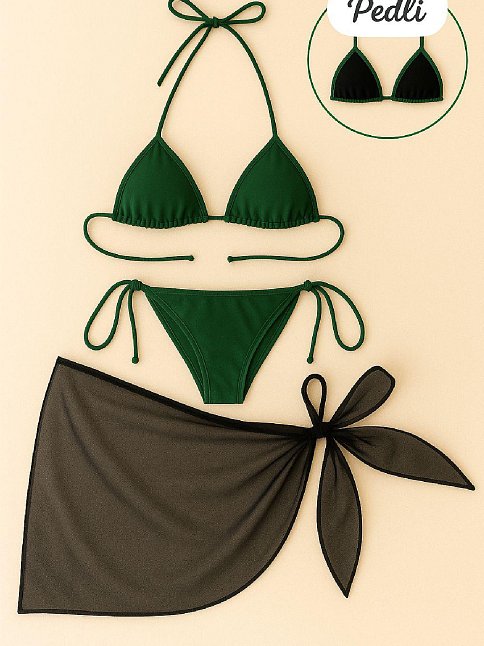 Kadın Yeşil Siyah Pareolu Yandan Ve Boyundan Bağlamalı 3'lü Bikini Takımı – Modern, Konforlu Ve Günlük Kombinlere Uygun