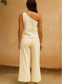 Kadın Beyaz Tek Omuzlu Şık Bluz & Geniş Paça Pantolon İkili Takım