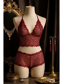 Kadın Bordo Dantel Bralet Şort Takımı – Asil Ve Sofistike İç Giyim