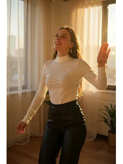 Kadın Beyaz Parmak Detaylı Esnek Uzun Kollu Body