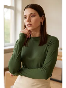 Kadın Haki Yeşili Parmak Detaylı Esnek Uzun Kollu Body