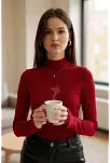 Kadın Bordo Parmak Detaylı Esnek Uzun Kollu Body