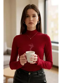 Kadın Bordo Parmak Detaylı Esnek Uzun Kollu Body