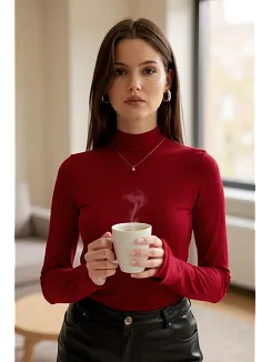 Kadın Bordo Parmak Detaylı Esnek Uzun Kollu Body