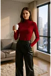 Kadın Bordo Parmak Detaylı Esnek Uzun Kollu Body