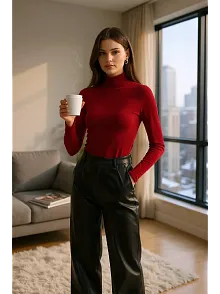 Kadın Bordo Parmak Detaylı Esnek Uzun Kollu Body