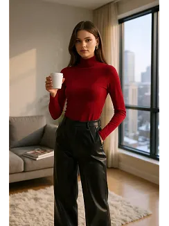 Kadın Bordo Parmak Detaylı Esnek Uzun Kollu Body
