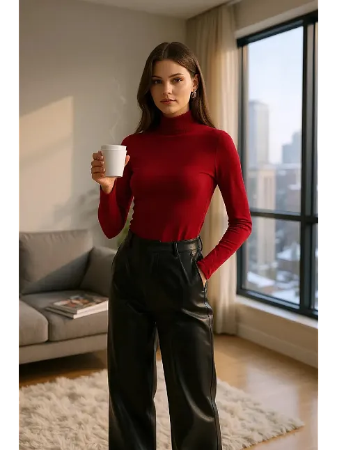Kadın Bordo Parmak Detaylı Esnek Uzun Kollu Body