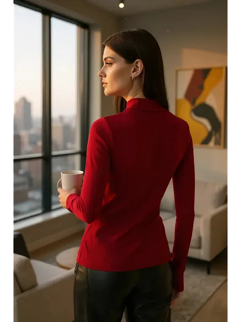 Kadın Bordo Parmak Detaylı Esnek Uzun Kollu Body