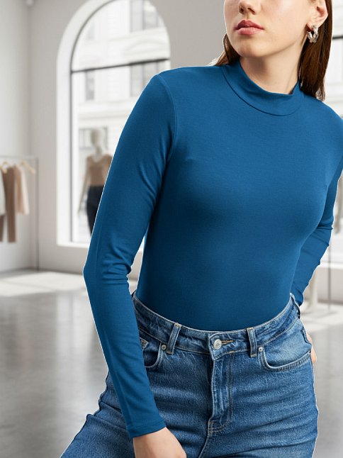 Kadın Mavi Parmak Detaylı Esnek Uzun Kollu Body
