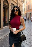 Kadın Bordo Kolsuz Balıkçı Yaka Basic Bluz
