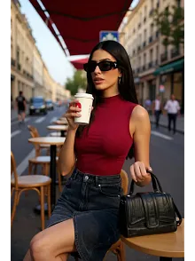 Kadın Bordo Kolsuz Balıkçı Yaka Basic Bluz