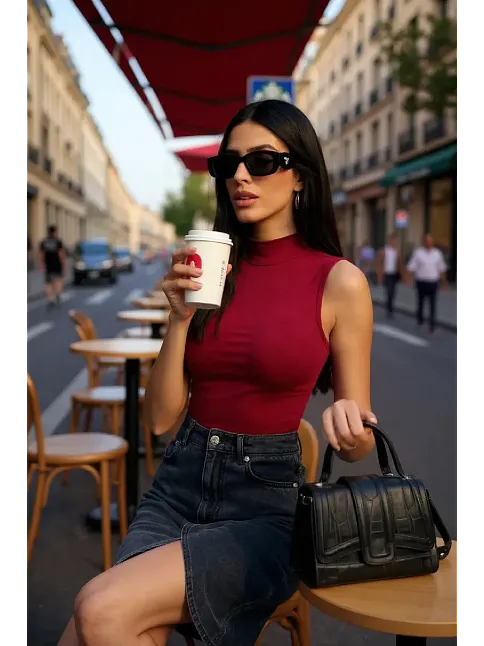 Kadın Bordo Kolsuz Balıkçı Yaka Basic Bluz