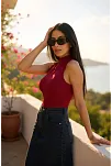 Kadın Bordo Kolsuz Balıkçı Yaka Basic Bluz