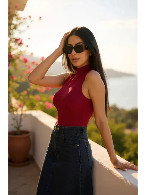 Kadın Bordo Kolsuz Balıkçı Yaka Basic Bluz