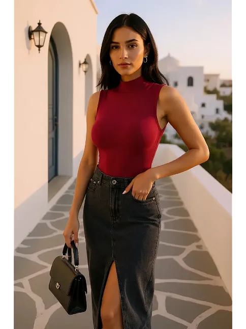 Kadın Bordo Kolsuz Balıkçı Yaka Basic Bluz