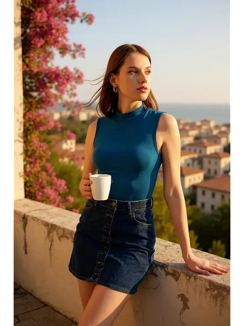 Kadın Mavi Kolsuz Balıkçı Yaka Basic Bluz