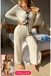 Kadın Beyaz Fiyonklu İç Çamaşırı Ve Uzun Kollu V Yaka Pijama Takımı 4'lü Set