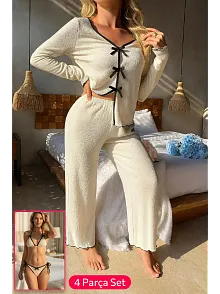Kadın Beyaz Fiyonklu İç Çamaşırı Ve Uzun Kollu V Yaka Pijama Takımı 4'lü Set