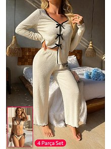 Kadın Beyaz Fiyonklu İç Çamaşırı Ve Uzun Kollu V Yaka Pijama Takımı 4'lü Set