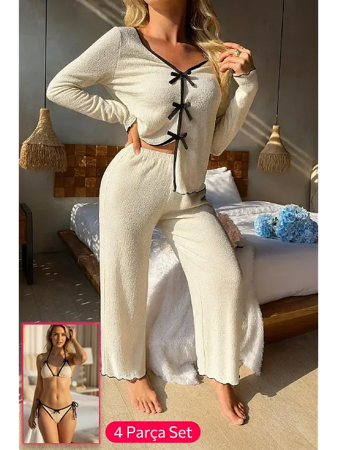 Kadın Beyaz Fiyonklu İç Çamaşırı Ve Uzun Kollu V Yaka Pijama Takımı 4'lü Set