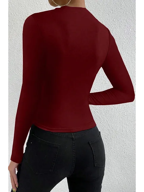 Kadın Bordo Belden Ve Boyundan Büzgü Detaylı Uzun Kollu Bluz