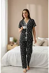 Kadın Siyah Kalp Desenli Fiyonklu Kısa Kollu Uzun Pijama Takımı
