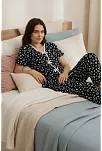 Kadın Siyah Kalp Desenli Fiyonklu Kısa Kollu Uzun Pijama Takımı