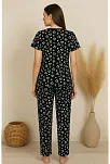 Kadın Siyah Kalp Desenli Fiyonklu Kısa Kollu Uzun Pijama Takımı