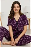 Kadın Mor Kalp Desenli Fiyonklu Kısa Kollu Uzun Pijama Takımı
