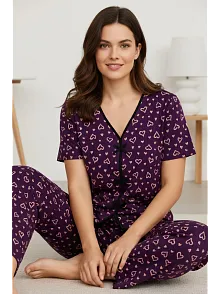 Kadın Mor Kalp Desenli Fiyonklu Kısa Kollu Uzun Pijama Takımı