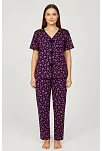 Kadın Mor Kalp Desenli Fiyonklu Kısa Kollu Uzun Pijama Takımı