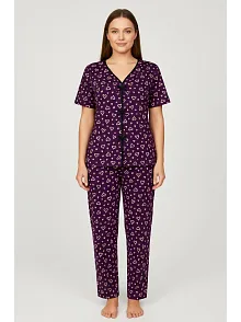 Kadın Mor Kalp Desenli Fiyonklu Kısa Kollu Uzun Pijama Takımı