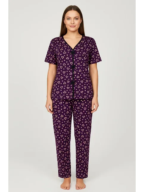 Kadın Mor Kalp Desenli Fiyonklu Kısa Kollu Uzun Pijama Takımı