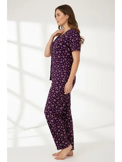 Kadın Mor Kalp Desenli Fiyonklu Kısa Kollu Uzun Pijama Takımı