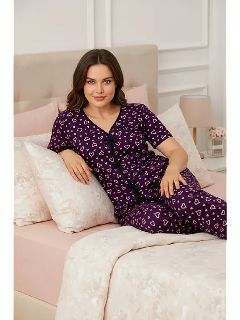 Kadın Mor Kalp Desenli Fiyonklu Kısa Kollu Uzun Pijama Takımı